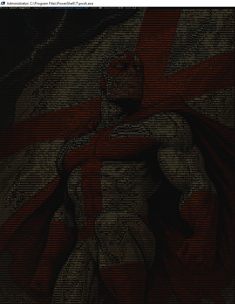 Image in Ascii Art with colour how epic is this now in text format in colour in my PowerShell console window